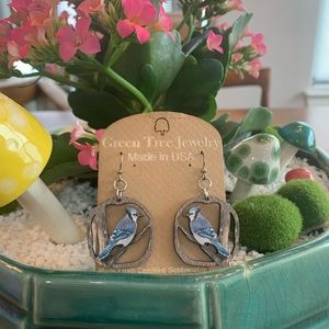 Green-Tree Wooden Blue Jay laser-cut earrings